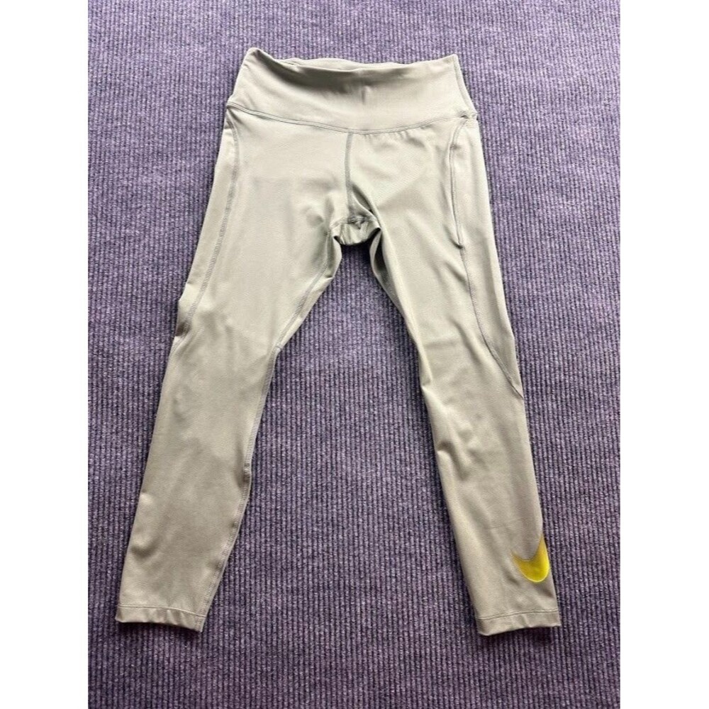 Nike Women's High Rise Leggings Cropped Khaki Sage Green Graphic Swoosh Size M